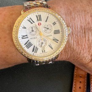 Michele Serein Two-Tone 18K Gold Plated Diamond Watch and extra leather strap
